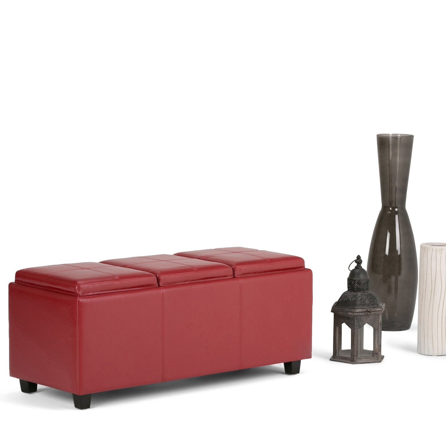 Radicchio Red Vegan Leather | Avalon Linen Look Storage Ottoman with Three Trays