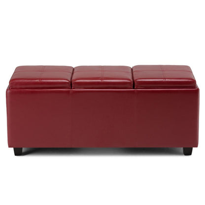 Radicchio Red Vegan Leather | Avalon Linen Look Storage Ottoman with Three Trays