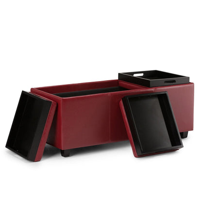 Radicchio Red Vegan Leather | Avalon Linen Look Storage Ottoman with Three Trays