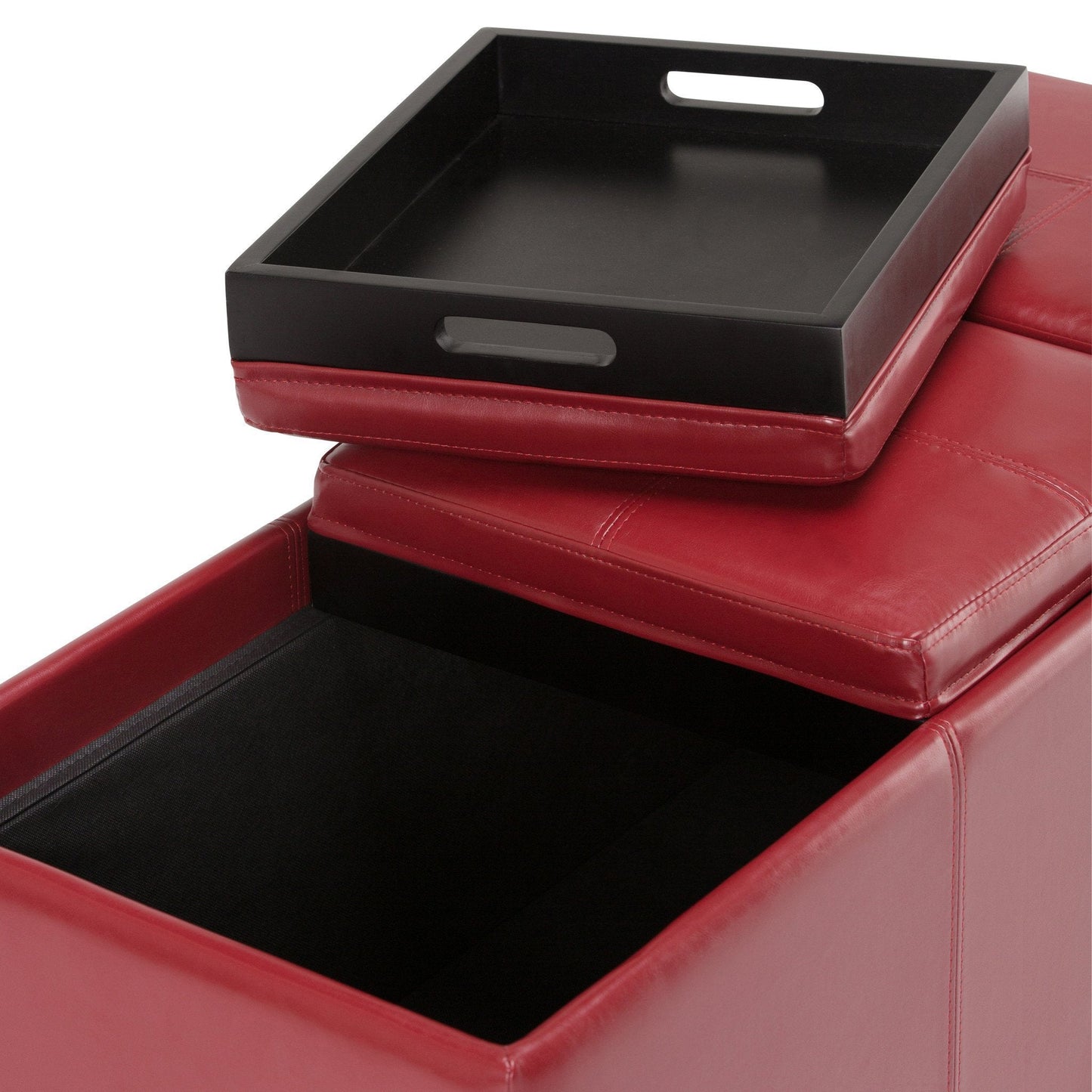 Radicchio Red Vegan Leather | Avalon Linen Look Storage Ottoman with Three Trays