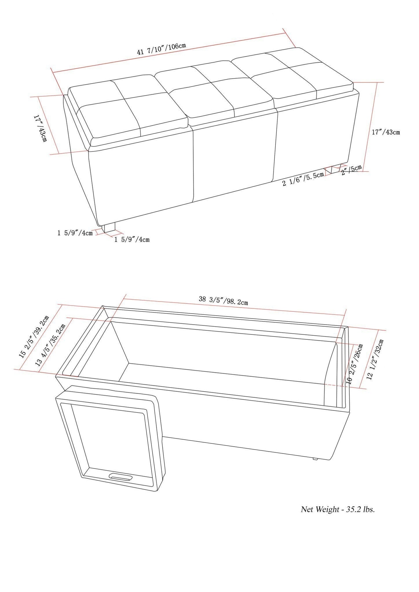 Radicchio Red Vegan Leather | Avalon Linen Look Storage Ottoman with Three Trays