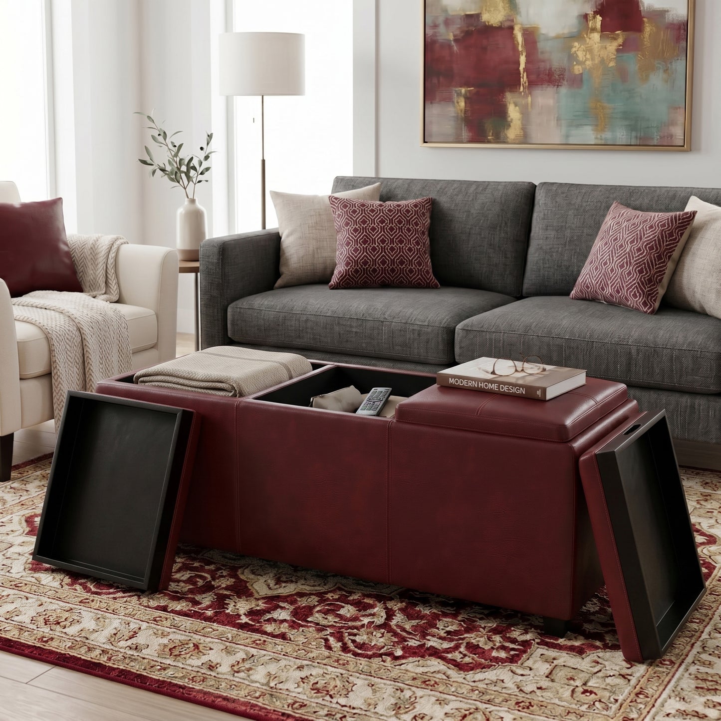 Radicchio Red Vegan Leather | Avalon 3 Trays Ottoman in Vegan Leather