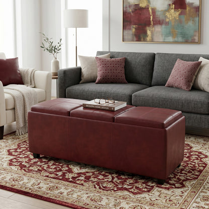 Radicchio Red Vegan Leather | Avalon 3 Trays Ottoman in Vegan Leather