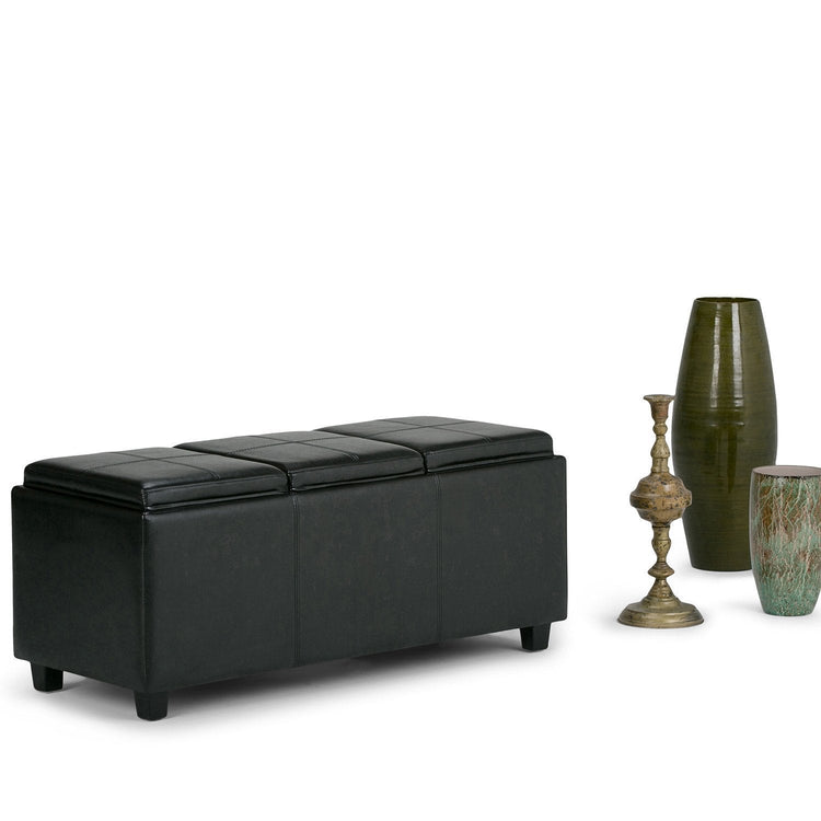 Black Vegan Leather | Avalon Linen Look Storage Ottoman with Three Trays