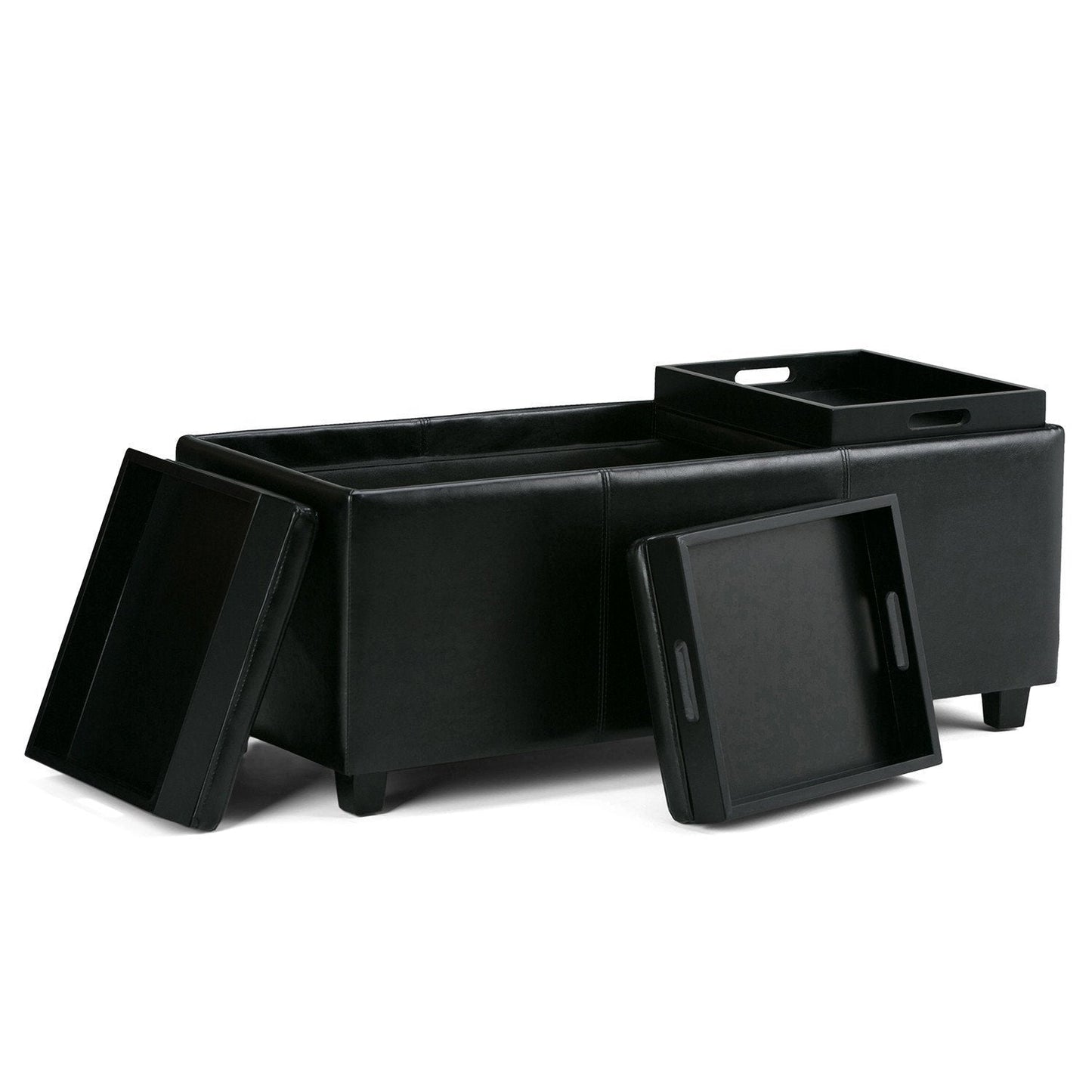 Black Vegan Leather | Avalon Linen Look Storage Ottoman with Three Trays