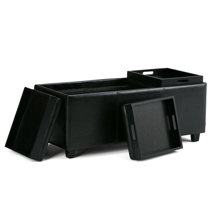 Black Vegan Leather | Avalon Linen Look Storage Ottoman with Three Trays