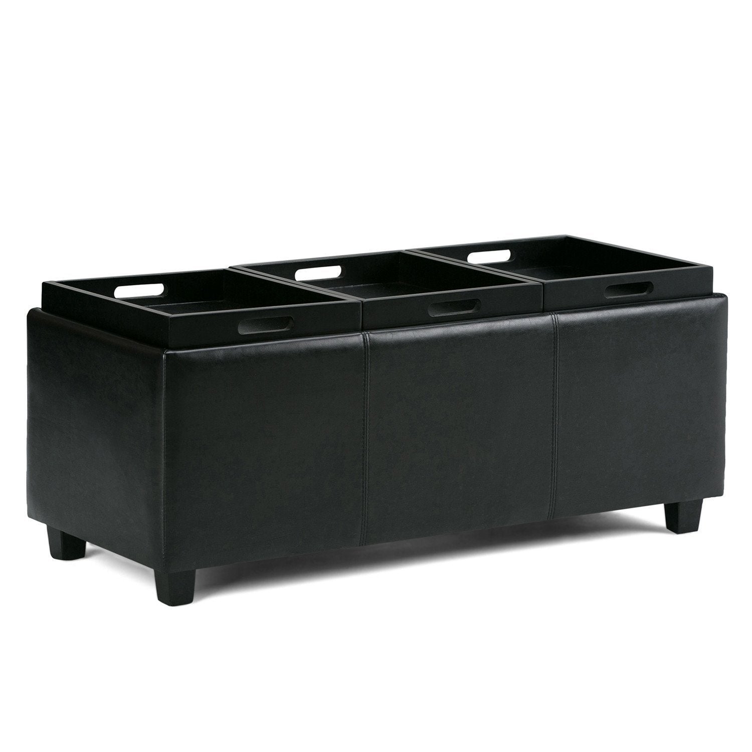 Black Vegan Leather | Avalon Linen Look Storage Ottoman with Three Trays