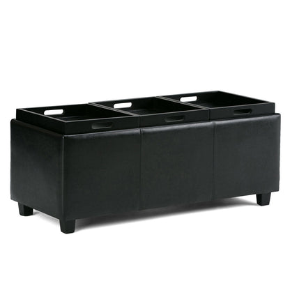 Black Vegan Leather | Avalon Linen Look Storage Ottoman with Three Trays