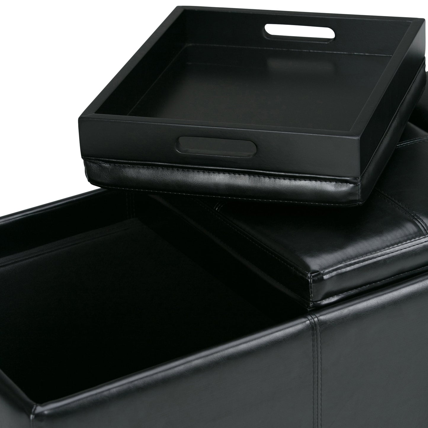 Black Vegan Leather | Avalon Linen Look Storage Ottoman with Three Trays