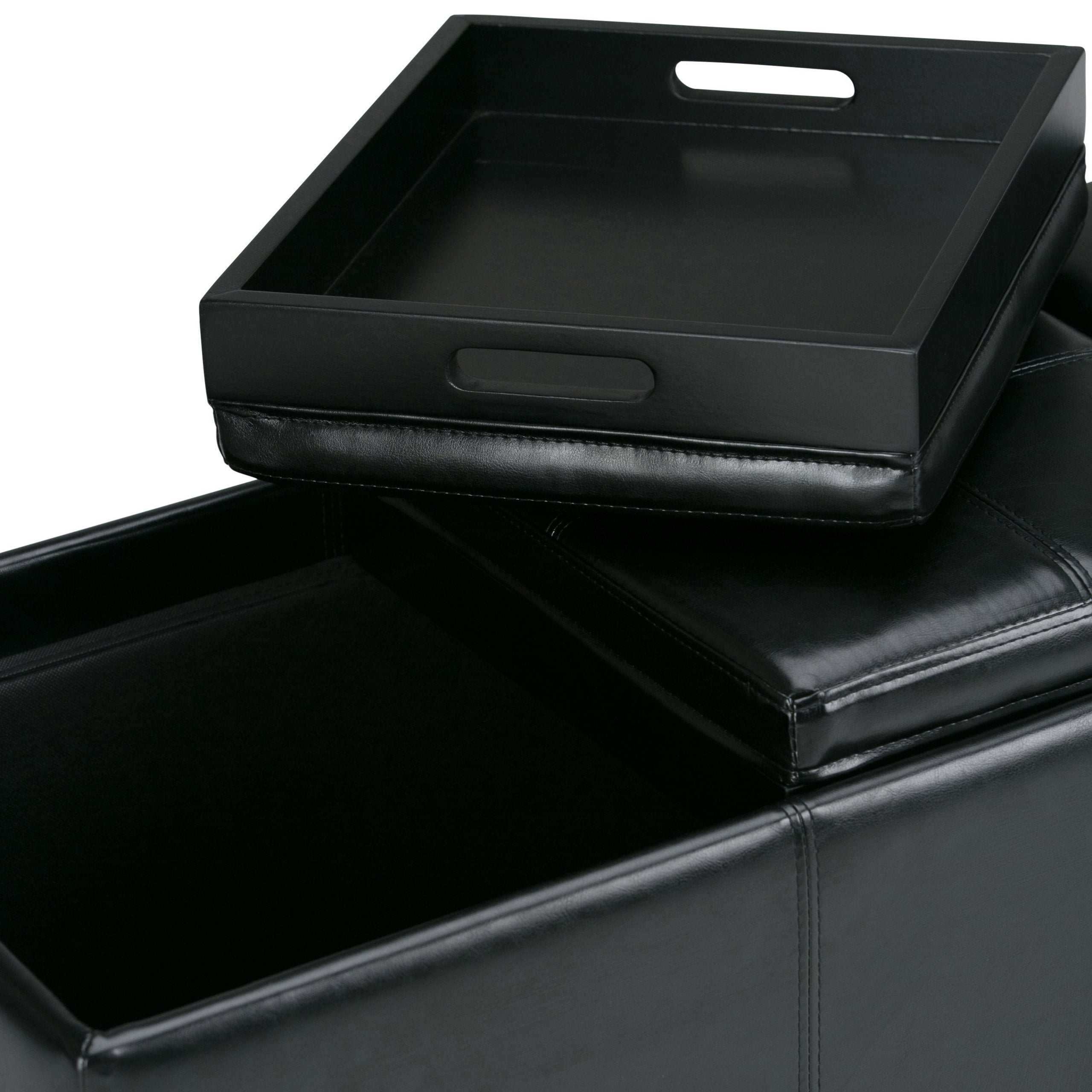 Black Vegan Leather | Avalon Linen Look Storage Ottoman with Three Trays