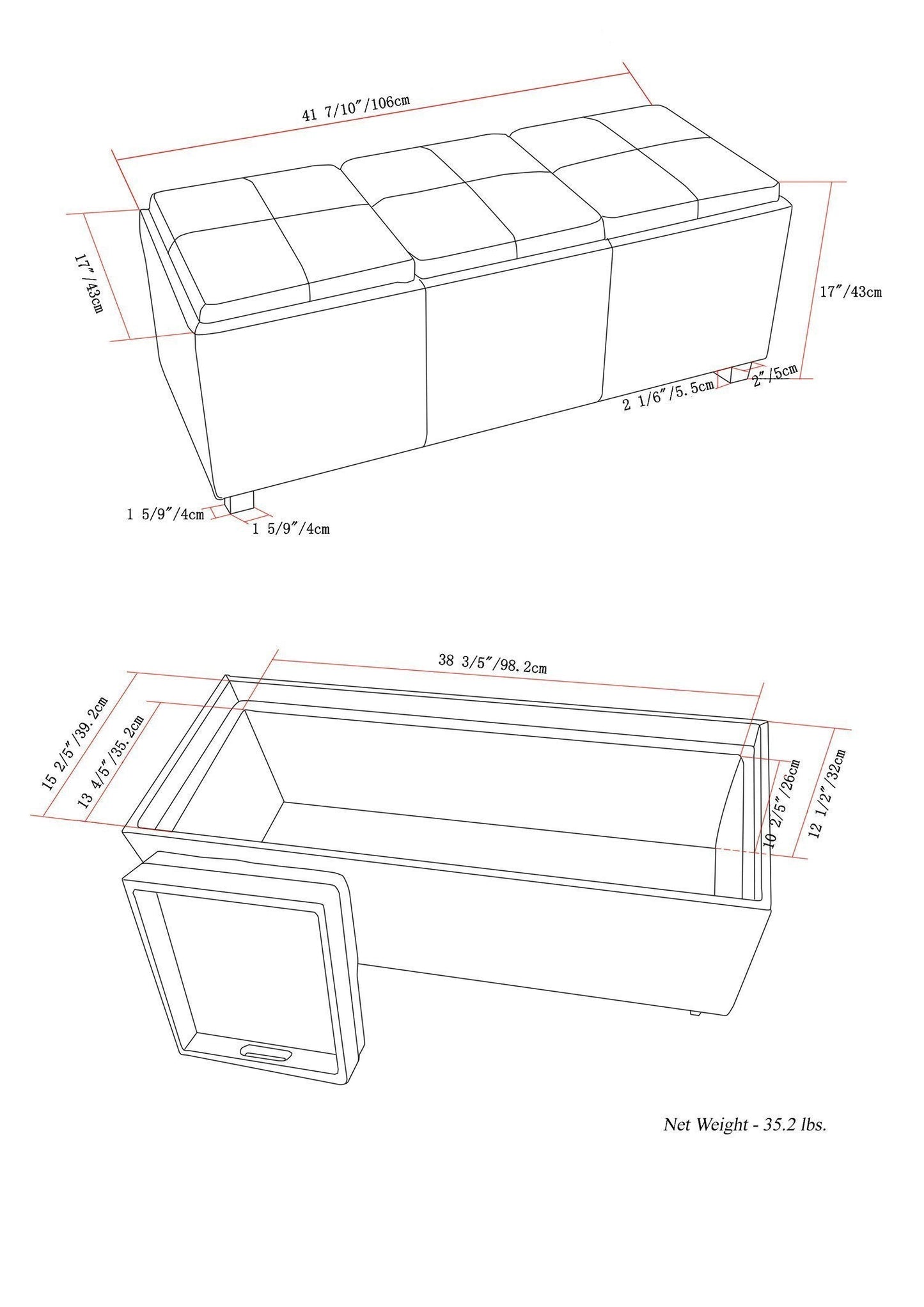 Black Vegan Leather | Avalon Linen Look Storage Ottoman with Three Trays