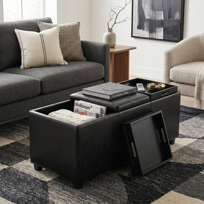 Black Vegan Leather | Avalon Linen Look Storage Ottoman with Three Trays