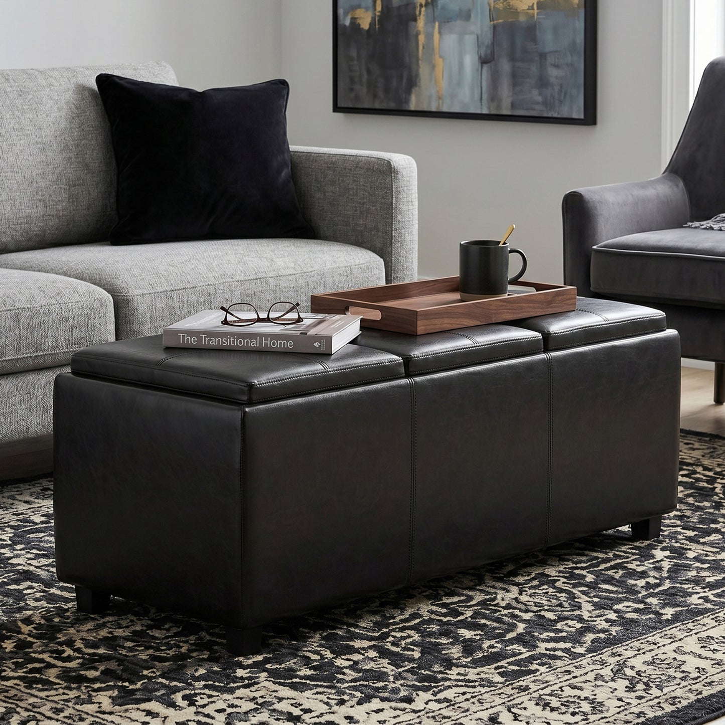 Black Vegan Leather | Avalon Linen Look Storage Ottoman with Three Trays