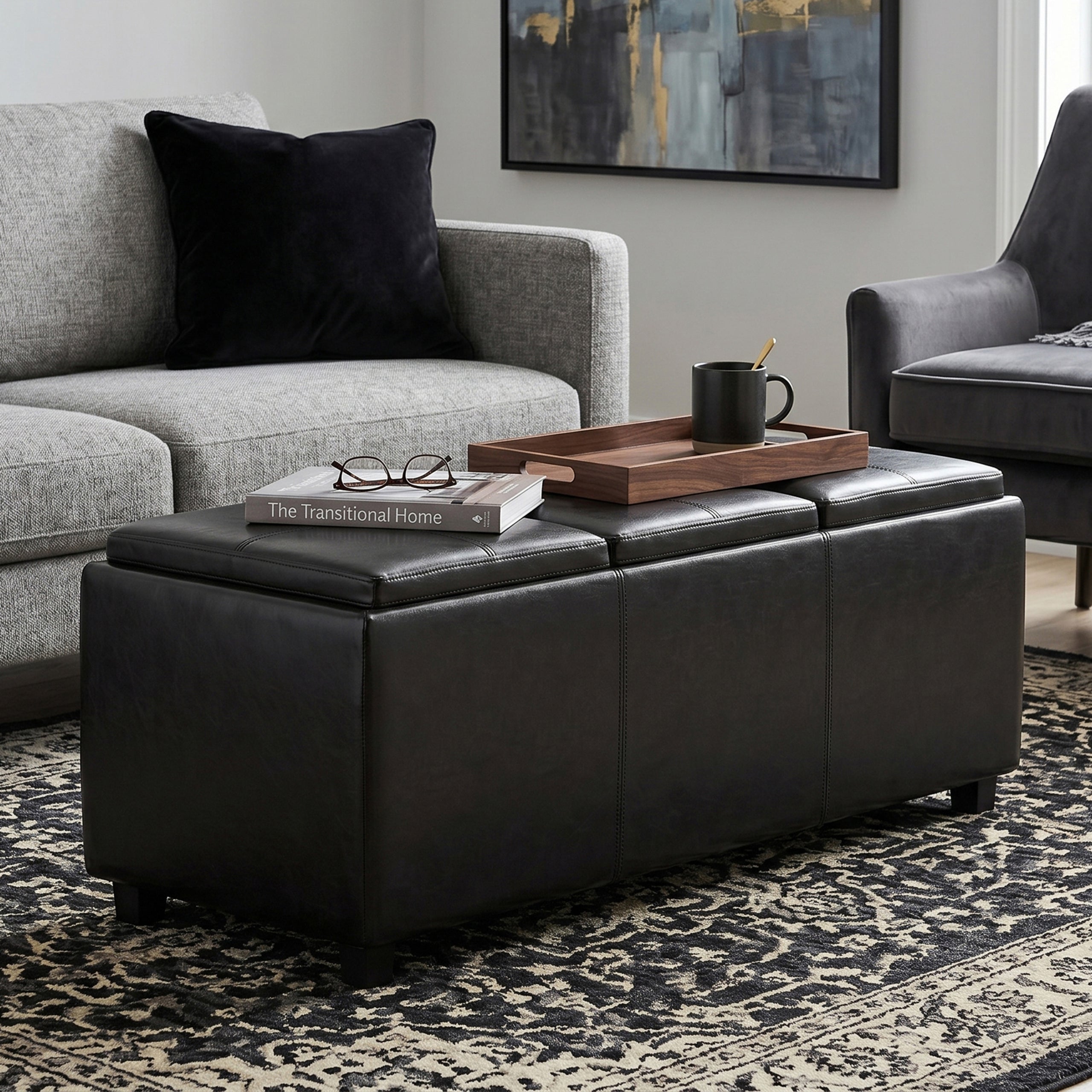 Black Vegan Leather | Avalon Linen Look Storage Ottoman with Three Trays