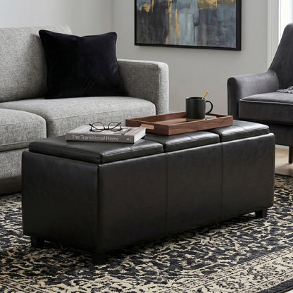 Black Vegan Leather | Avalon Linen Look Storage Ottoman with Three Trays
