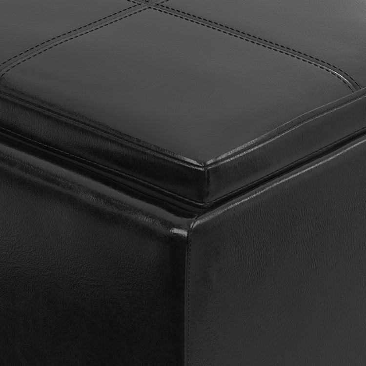 Black Vegan Leather | Avalon Linen Look Storage Ottoman with Three Trays