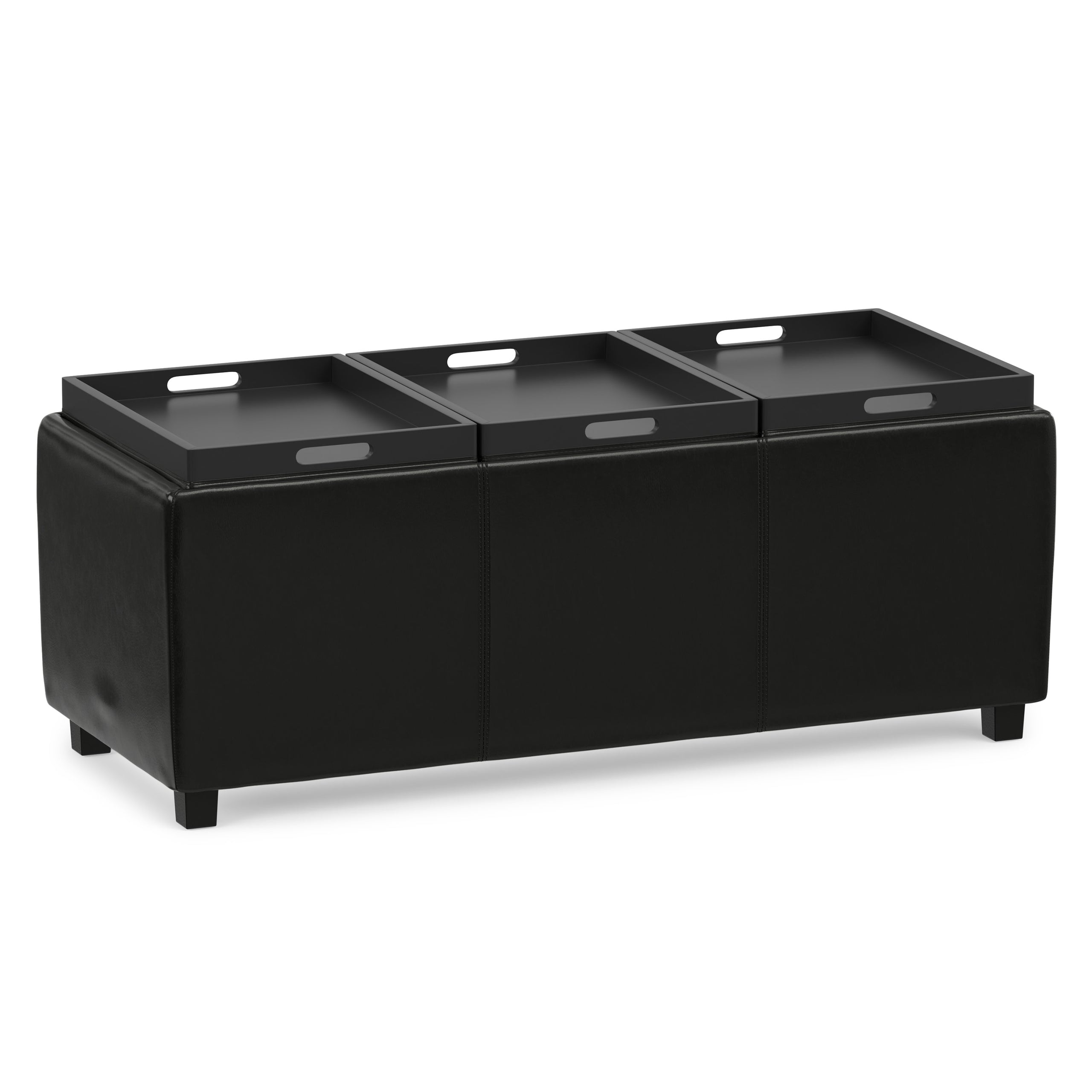 Black Vegan Leather | Avalon Linen Look Storage Ottoman with Three Trays