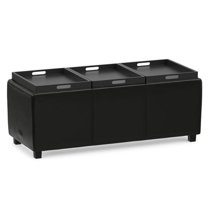 Black Vegan Leather | Avalon Linen Look Storage Ottoman with Three Trays