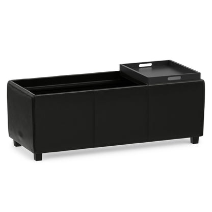 Black Vegan Leather | Avalon Linen Look Storage Ottoman with Three Trays