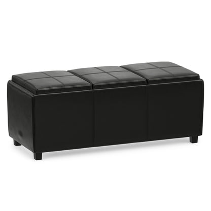 Black Vegan Leather | Avalon Linen Look Storage Ottoman with Three Trays