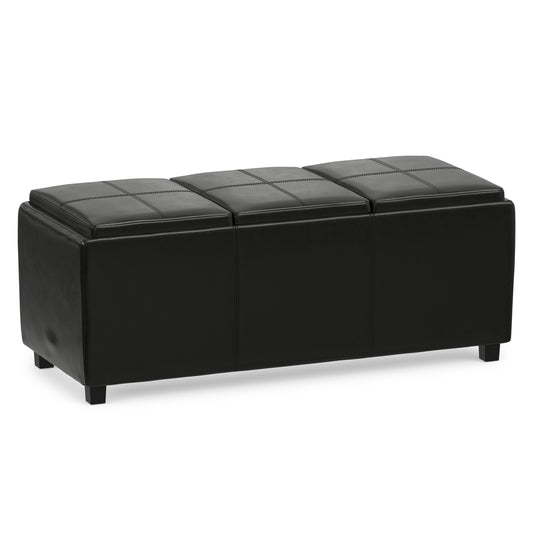 Black Vegan Leather | Avalon Linen Look Storage Ottoman with Three Trays