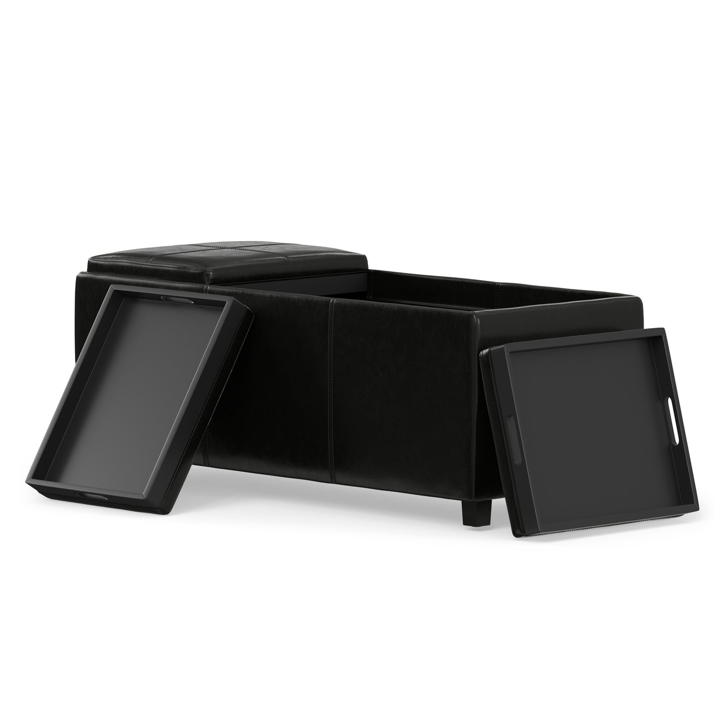 Black Vegan Leather | Avalon Linen Look Storage Ottoman with Three Trays