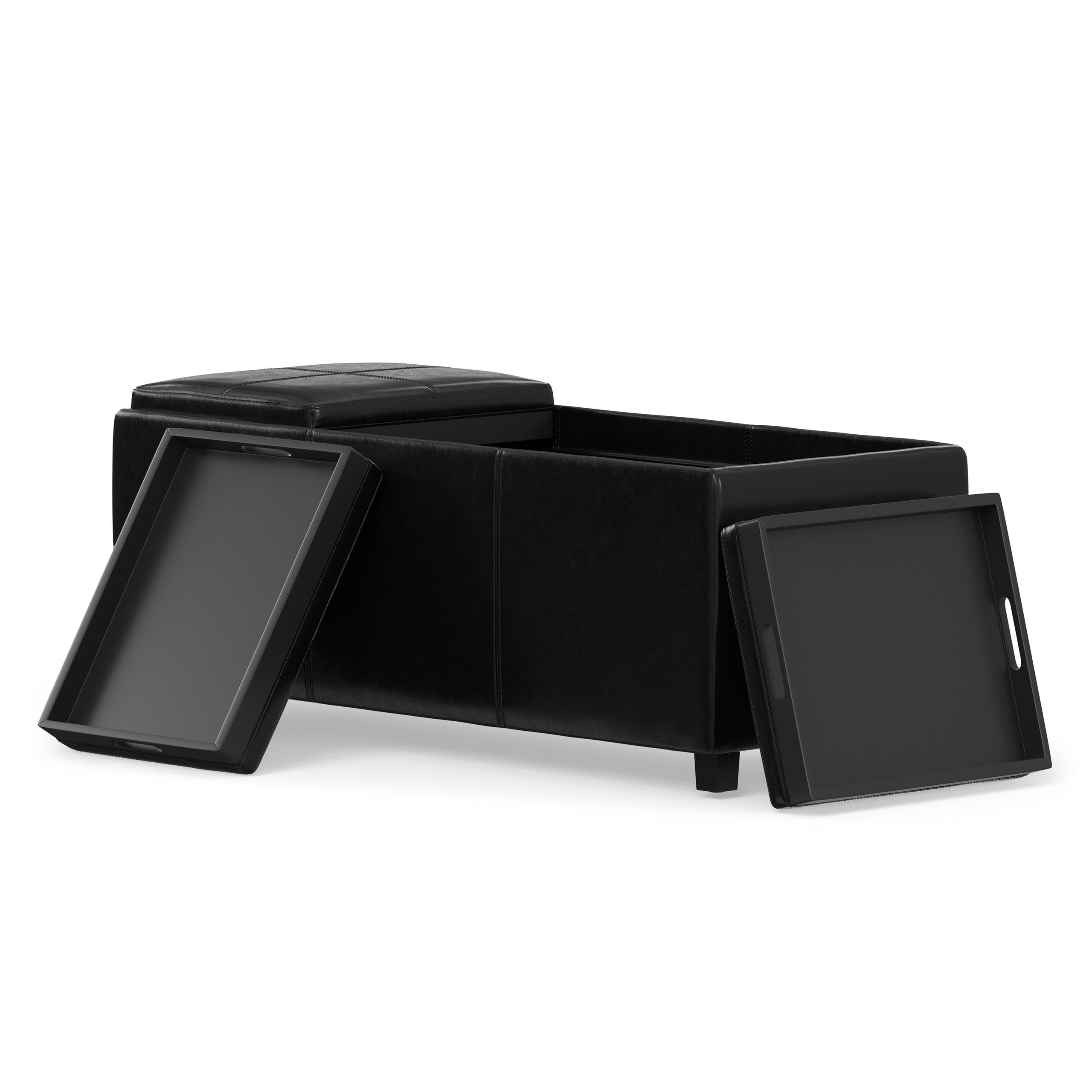Black Vegan Leather | Avalon Linen Look Storage Ottoman with Three Trays