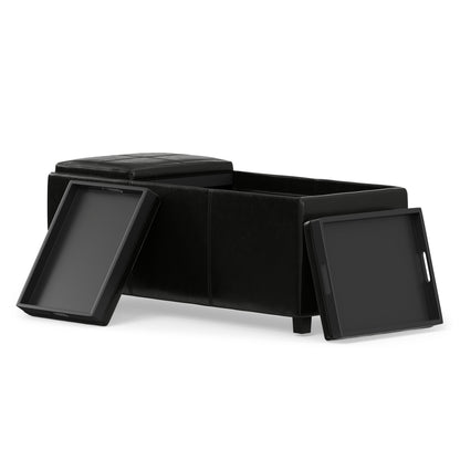 Black Vegan Leather | Avalon Linen Look Storage Ottoman with Three Trays