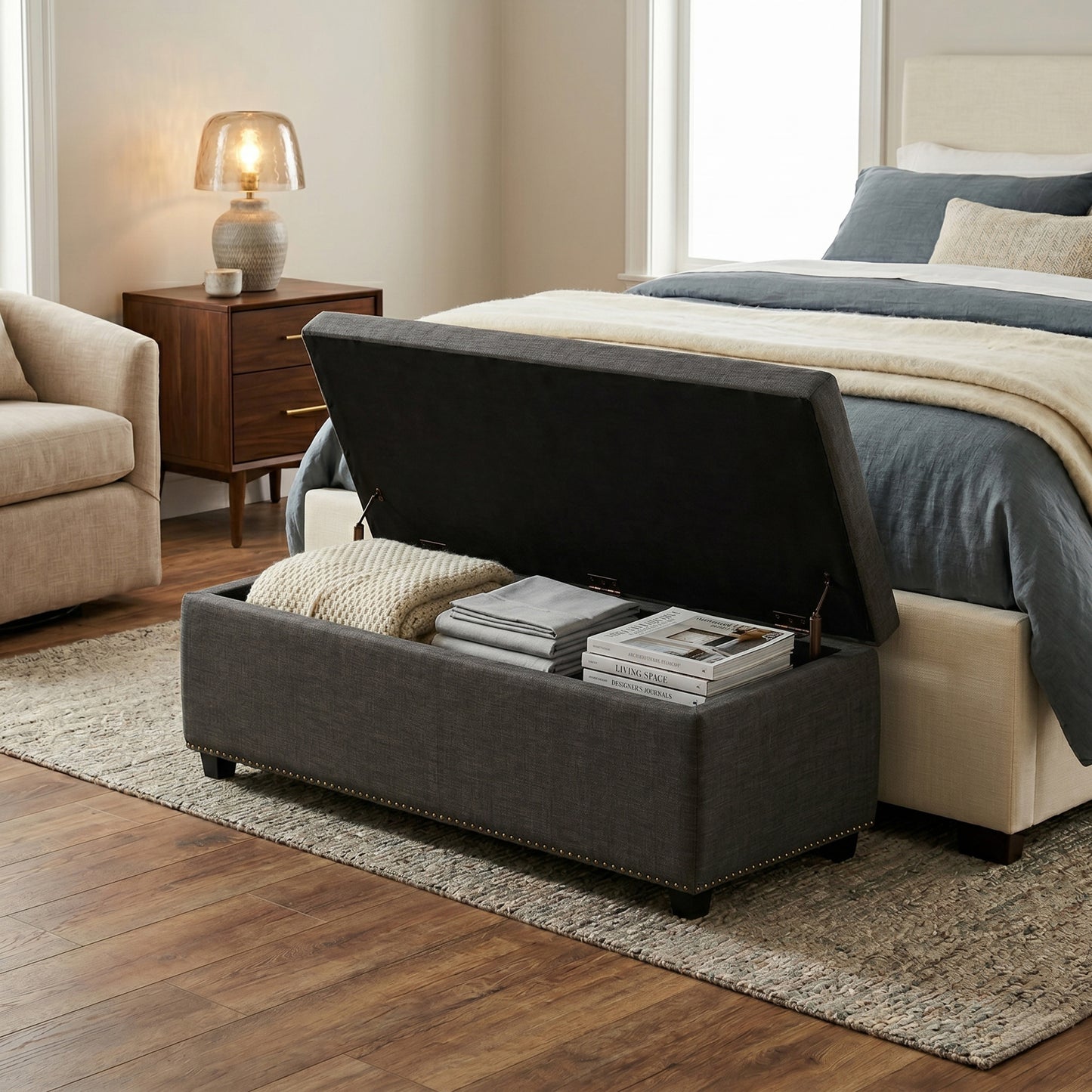 Slate Grey Linen Style Fabric| Hamilton Storage Ottoman in Linen