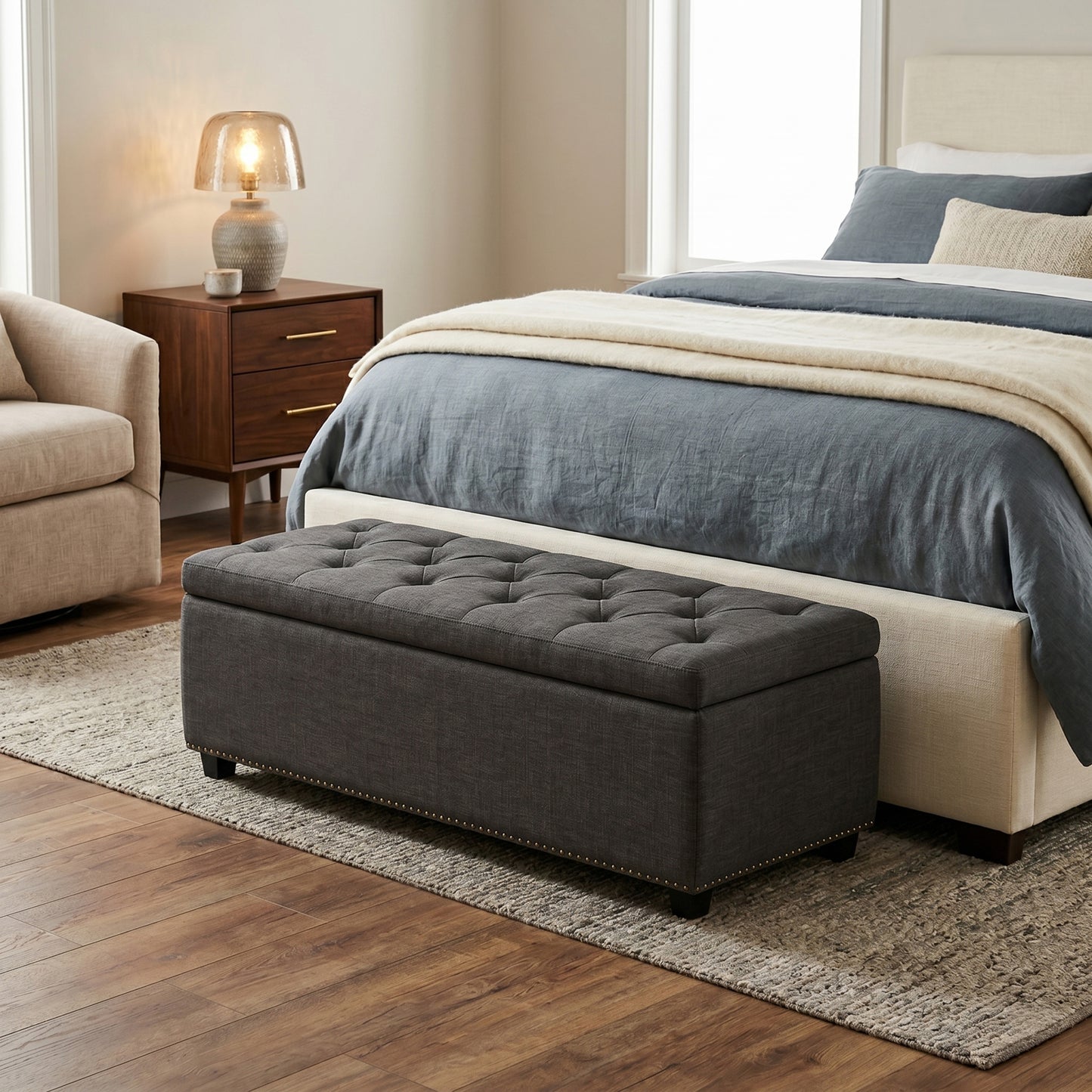 Slate Grey Linen Style Fabric| Hamilton Storage Ottoman in Linen