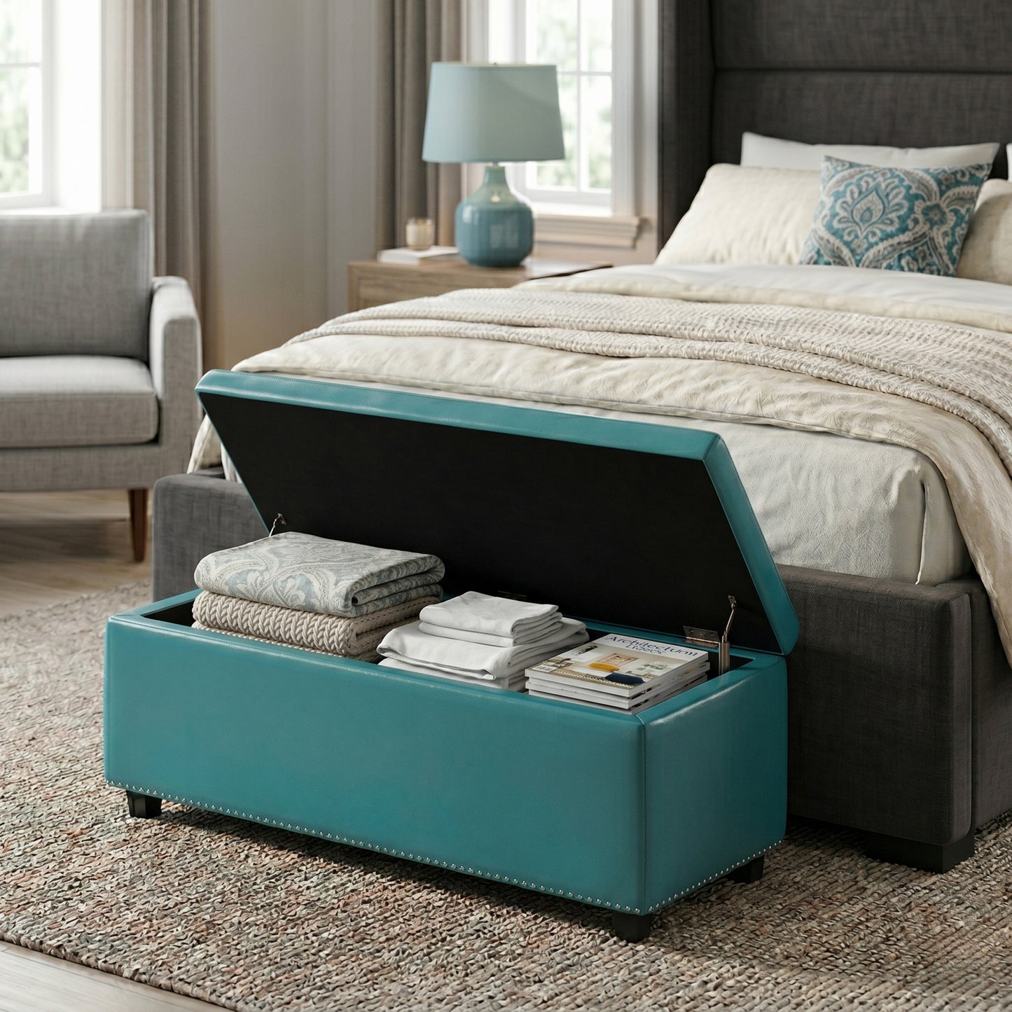 Mediterranean Blue Vegan Leather | Hamilton Storage Ottoman in Vegan Leather