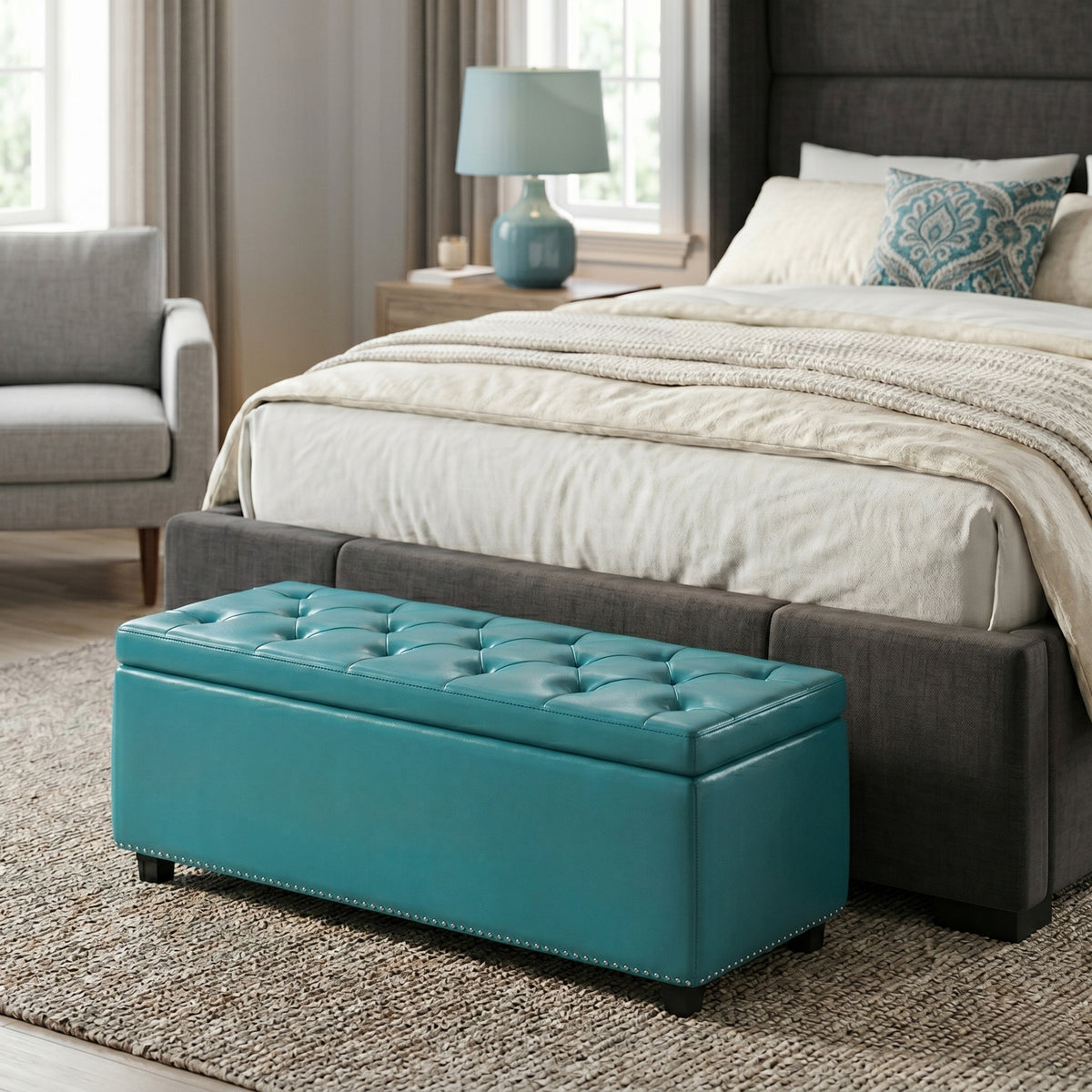 Mediterranean Blue Vegan Leather | Hamilton Storage Ottoman in Vegan Leather