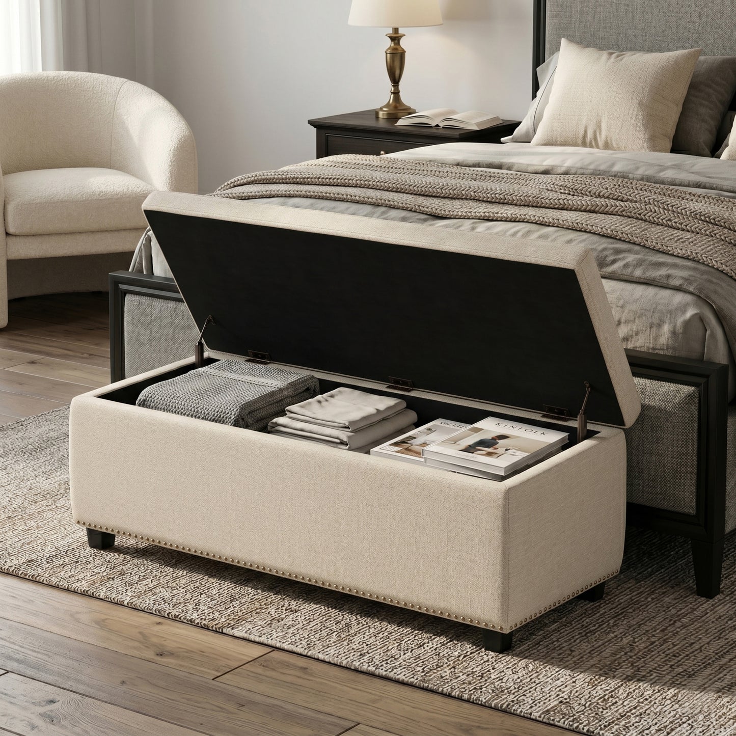 Natural Linen Style Fabric| Hamilton Storage Ottoman in Linen