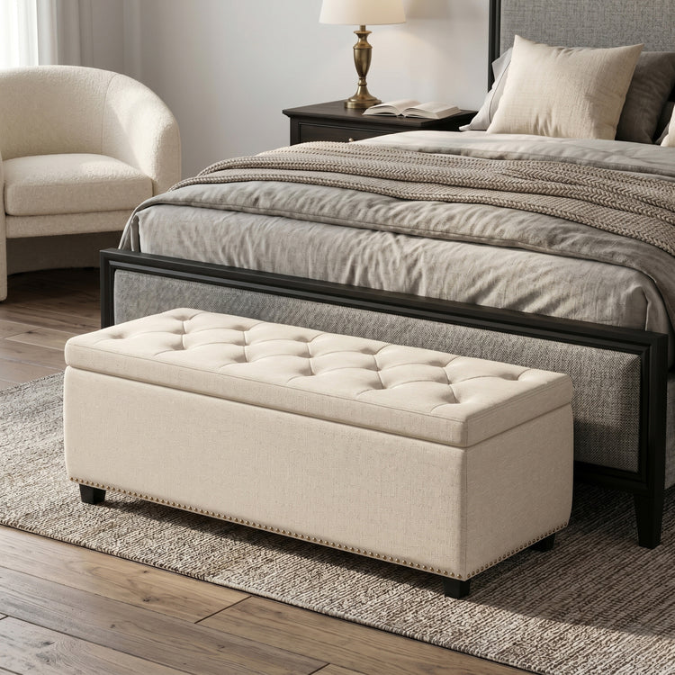 Natural Linen Style Fabric| Hamilton Storage Ottoman in Linen