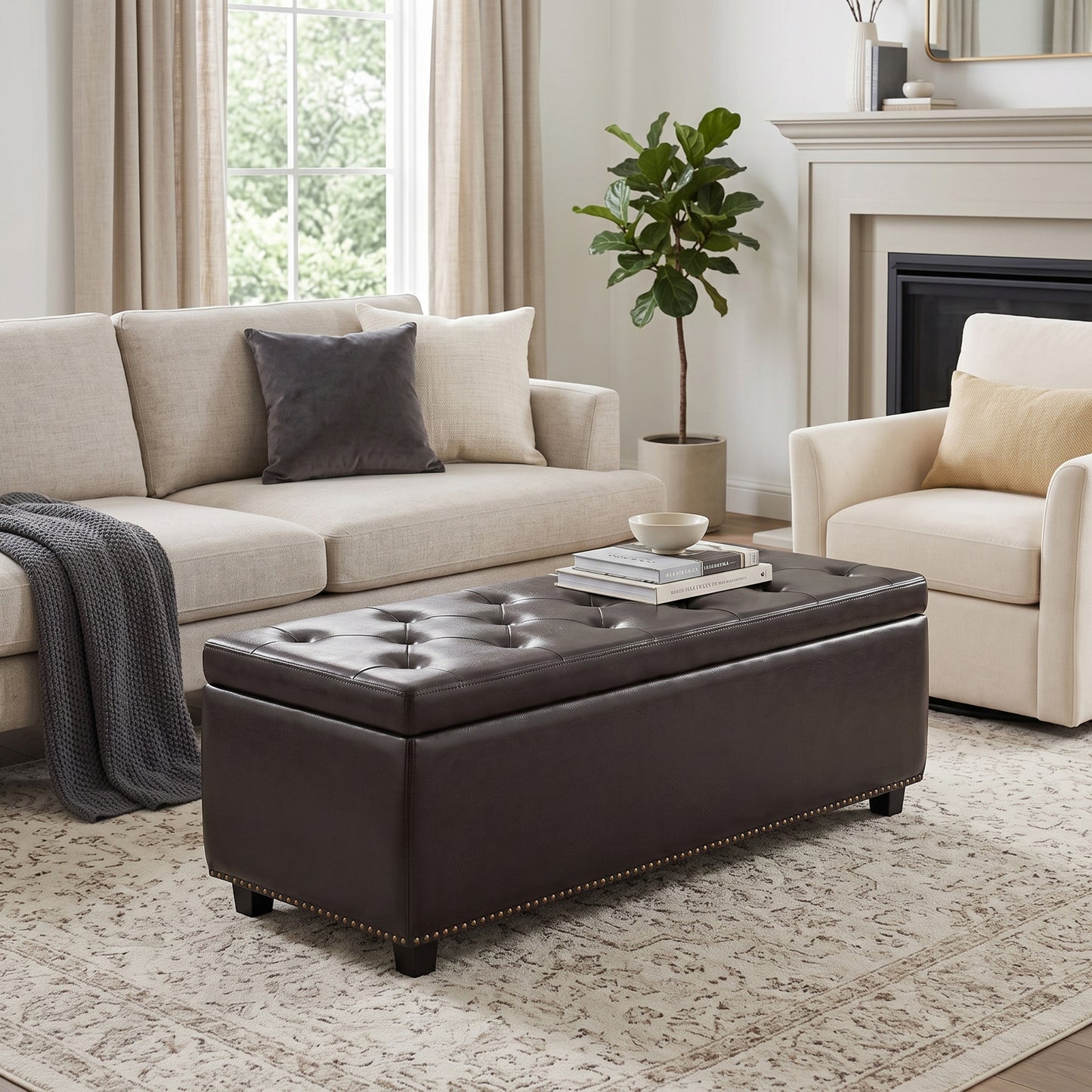Tanners Brown Vegan Leather | Hamilton Storage Ottoman in Vegan Leather