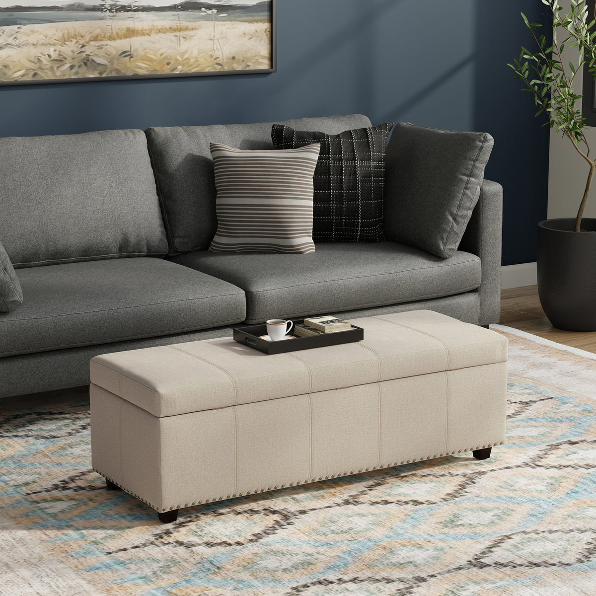 Natural Linen Style Fabric | Kingsley Large Storage Ottoman in Linen 