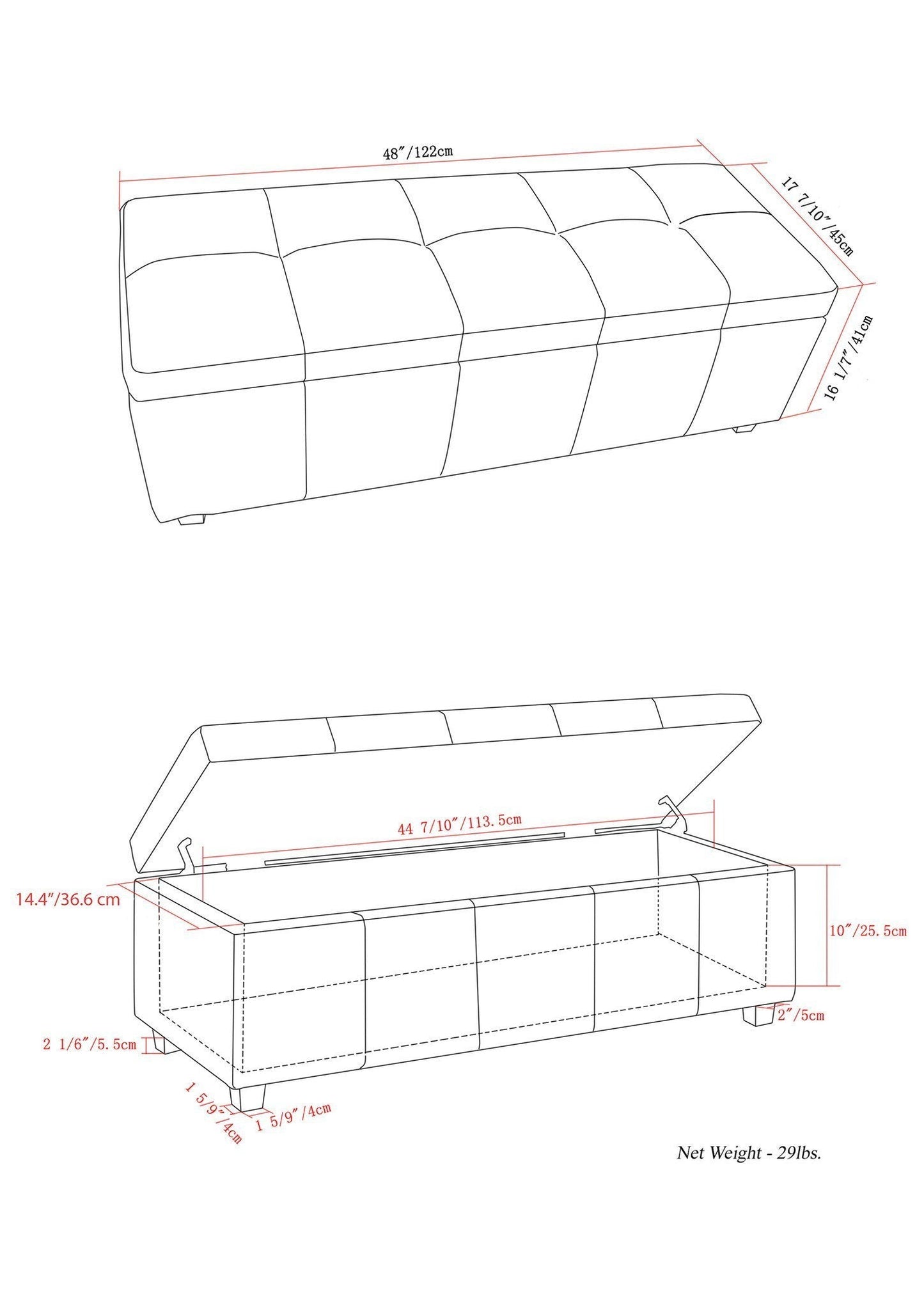 Midnight Black Vegan Leather | Castleford Large Storage Ottoman Bench