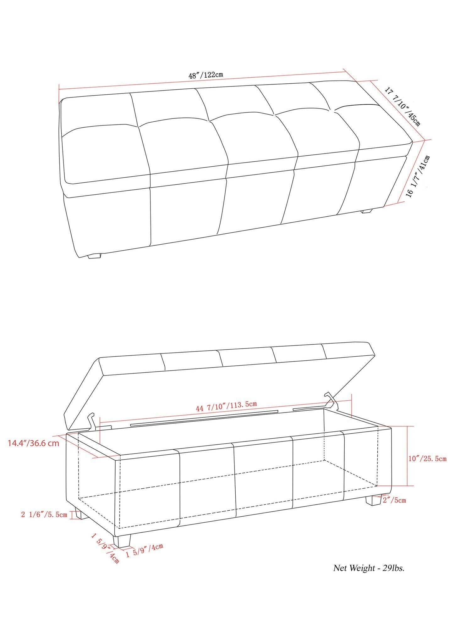 Midnight Black Vegan Leather | Castleford Large Storage Ottoman Bench