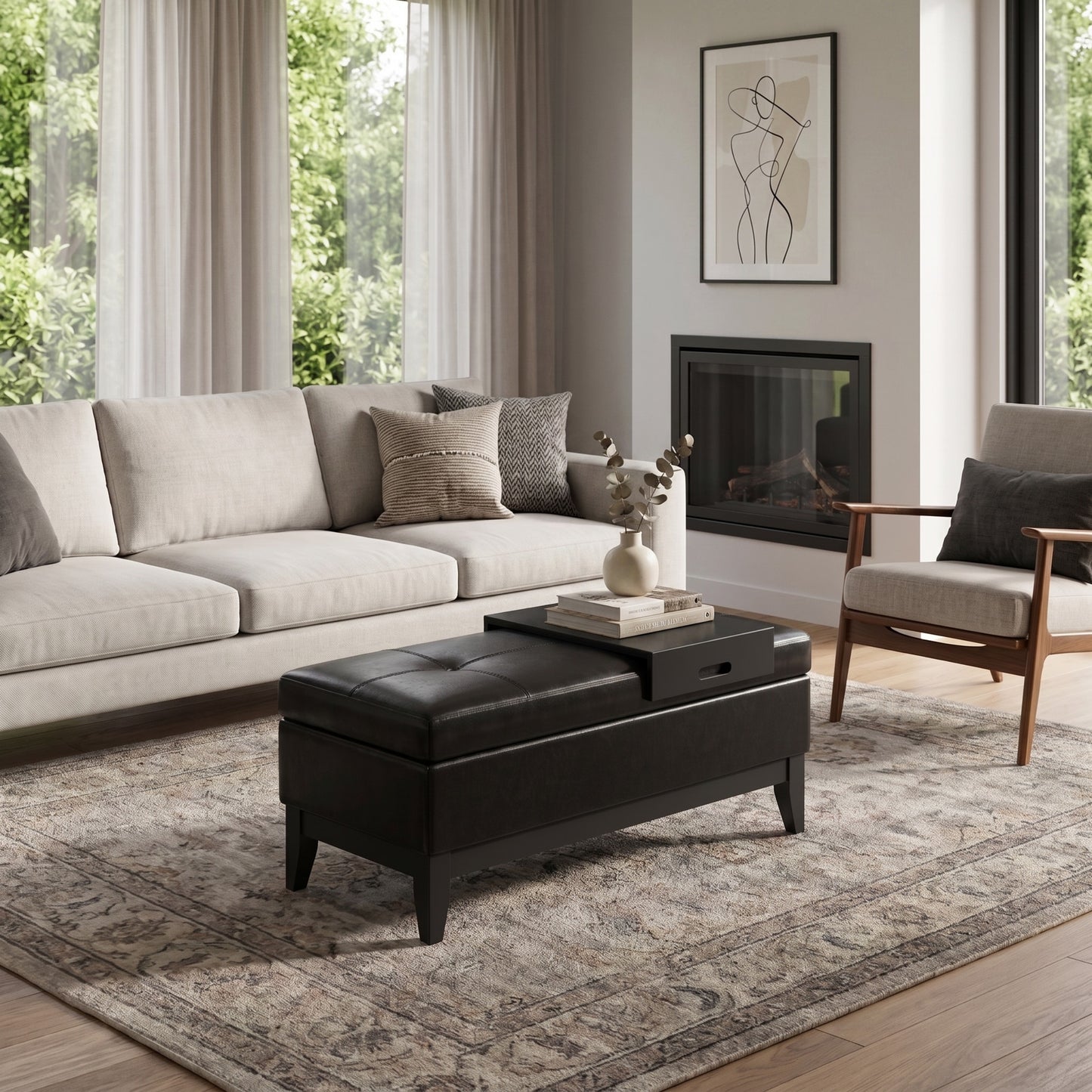 Midnight Black Vegan Leather | Oregon Storage Ottoman Bench with Tray in Vegan Leather