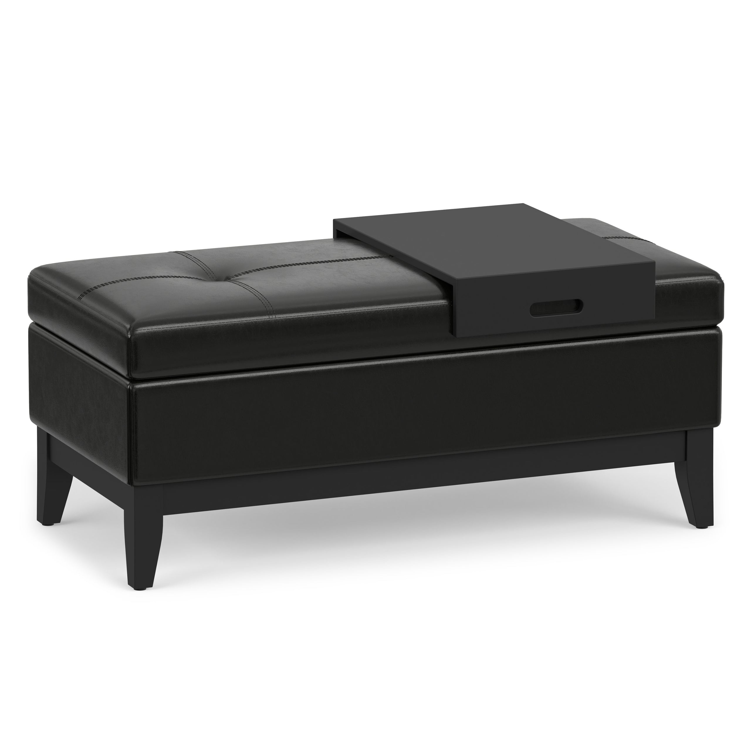Midnight Black Vegan Leather | Oregon Storage Ottoman Bench with Tray in Vegan Leather
