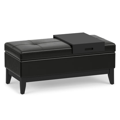 Midnight Black Vegan Leather | Oregon Storage Ottoman Bench with Tray in Vegan Leather