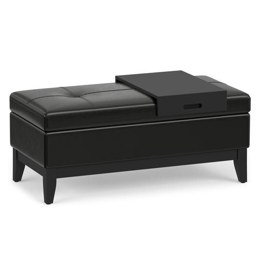 Midnight Black Vegan Leather | Oregon Storage Ottoman Bench with Tray in Vegan Leather