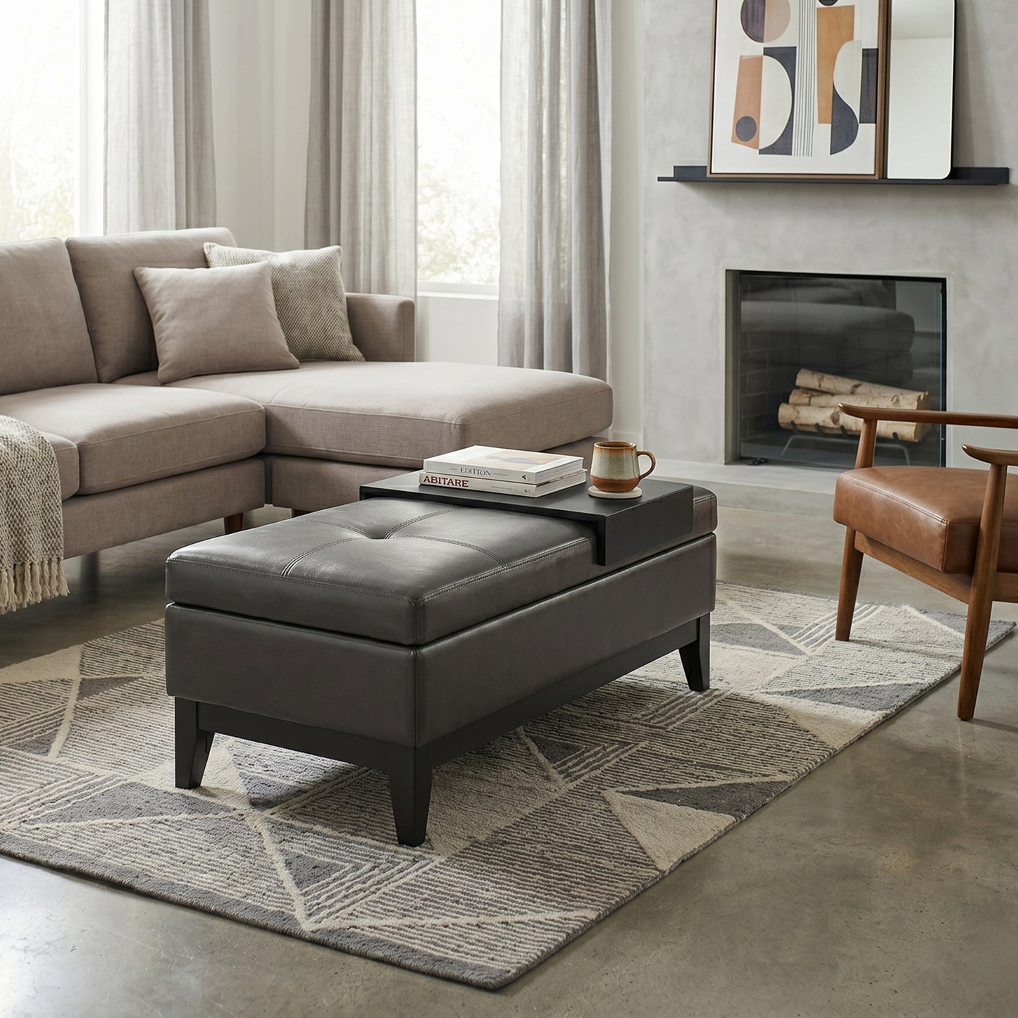 Tanners Brown Vegan Leather | Oregon Vegan Leather Storage Ottoman with Tray