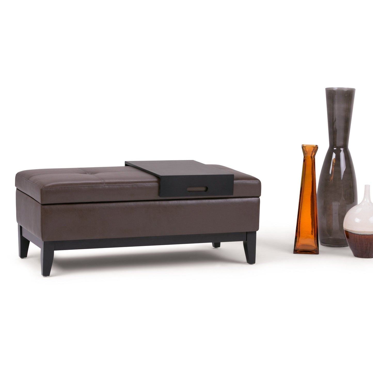 Chocolate Brown PU Vegan Leather | Oregon Vegan Leather Storage Ottoman with Tray
