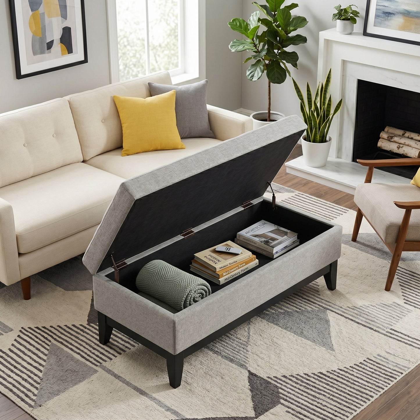 Cloud Grey Linen Style Fabric | Oregon Storage Ottoman Bench with Tray in Linen