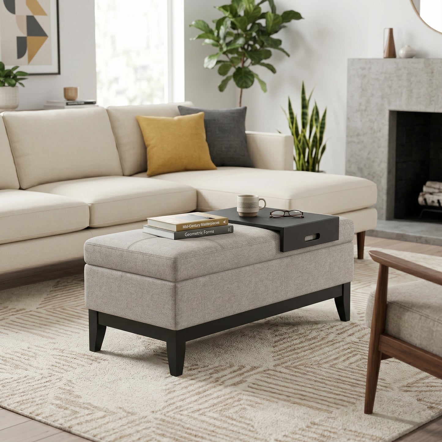 Cloud Grey Linen Style Fabric | Oregon Storage Ottoman Bench with Tray in Linen
