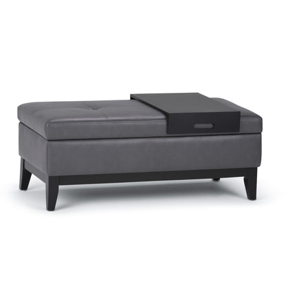 Stone Grey Vegan Leather | Oregon Vegan Leather Storage Ottoman with Tray