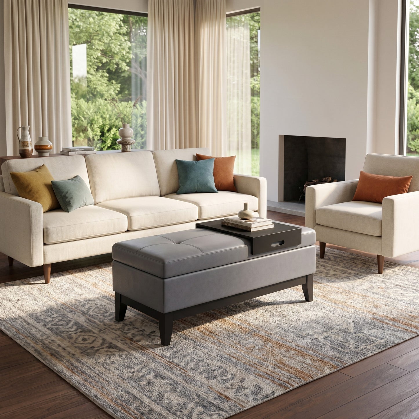Stone Grey Vegan Leather | Oregon Storage Ottoman Bench with Tray in Vegan Leather