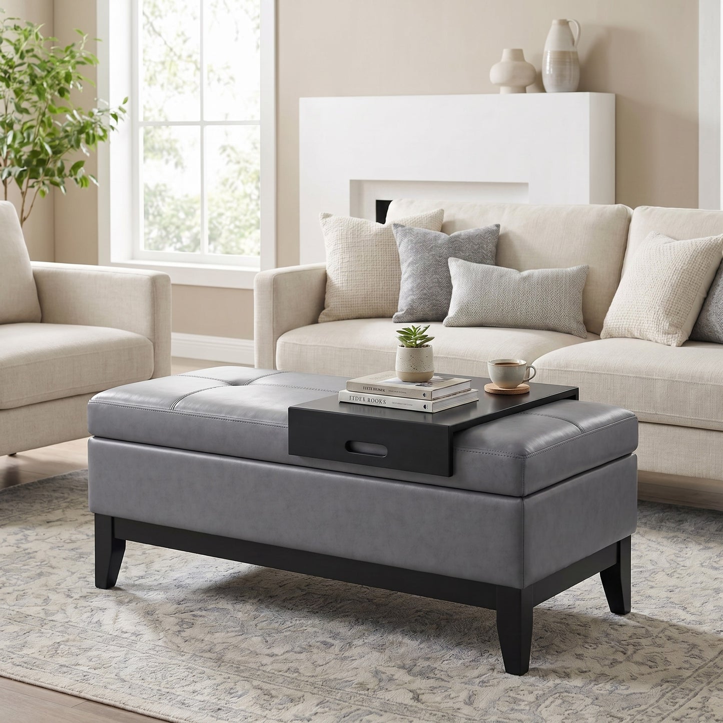 Stone Grey Vegan Leather | Oregon Storage Ottoman Bench with Tray in Vegan Leather