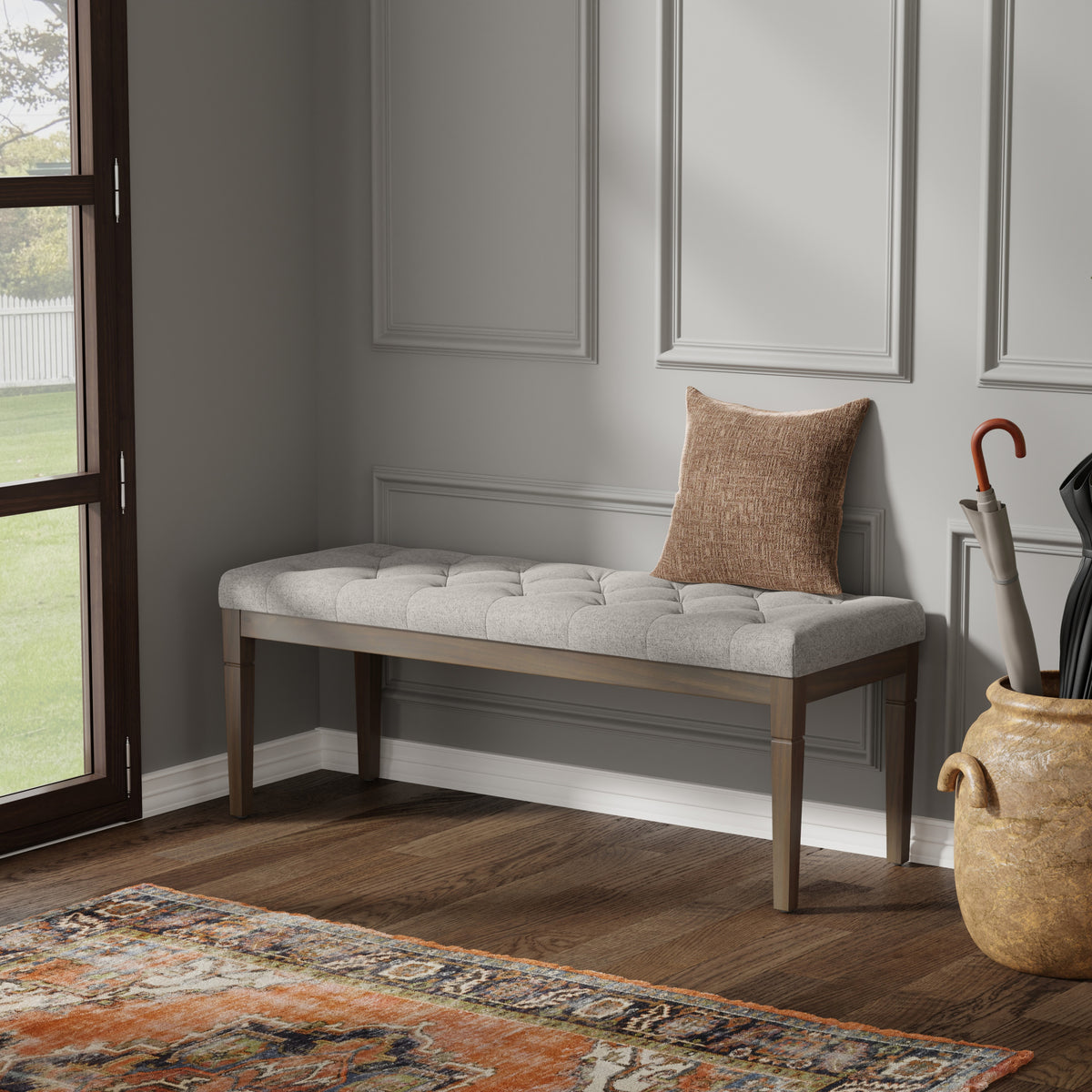 Cloud Grey Linen Style Fabric | Waverly Tufted Ottoman Bench